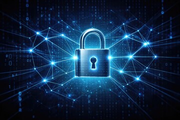 Binary polygon interconnects securing a small padlock in digital data protection visual on deep blue