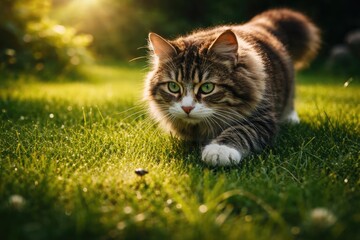 Obraz premium Happy cat stalking insects on a green grass lawn full length view summer day