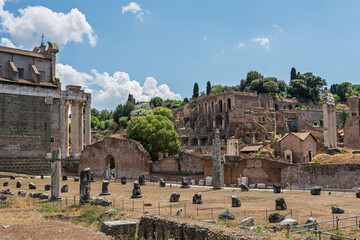 Italy - Rome - Roman Forum - Temple of Saturn columns and ancient ruins are beautifully framed by the Palatine Hill backdrop in this panorama. © GuillaumeAngleraud