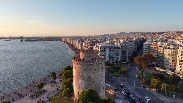 Aerial view of Thessaloniki's seafront and the White Tower late in the afternoon, Greece.