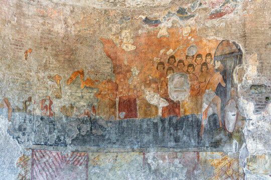 Italy - Rome - Oratory of Forty Martyrs - Ancient Christian fresco with figures on wall Roman Forum archaeological site artwork