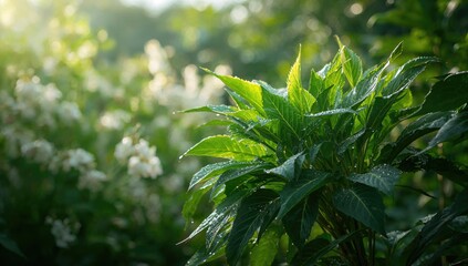 Fresh green cincau plant leaves featured in traditional cold drinks, emphasizing natural ingredients