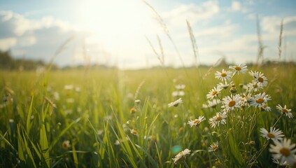 Obraz premium White daisies blooming in a sunlit meadow with green grass and chamomile, suitable for botanical product backgrounds