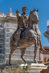 Obraz premium Italy - Rome - Piazza del Campidoglio - Equestrian statue of Marcus Aurelius bronze sculpture on Capitoline Hill Renaissance art