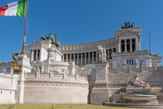 Italy - Rome - Vittoriano - Victor Emmanuel II Monument with Italian flag columns and statues white marble neoclassical landmark