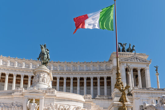 Italy - Rome - Vittoriano - Victor Emmanuel Monument with Italian flag colonnade and statues white marble neoclassical landmark