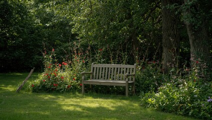 Plants and wooden stick near a rustic bench, ideal for an outdoor editorial header