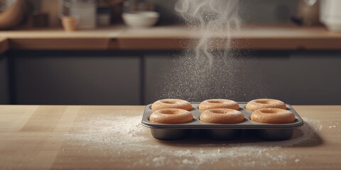 Baked donut in metal pan, highlighting home baking technique for fresh pastries, no holiday observance