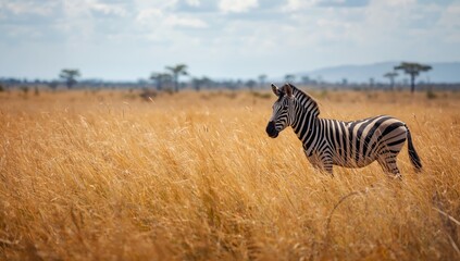 Fototapeta premium Zebra grazing in a grassy field, highlighting natural behavior and habitat, Earth Day