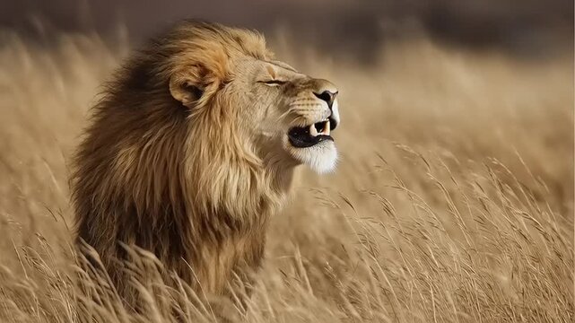 Lion Roaring in Tall Grasslands, African Savannah, Nature Scene, Windy Environment, Majestic View, Wildlife Concept