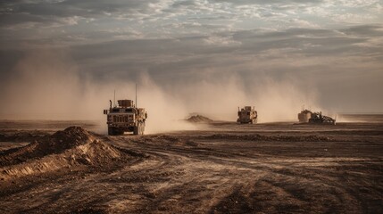 Fototapeta premium Military vehicles traversing dusty terrain under dramatic cloudy sky