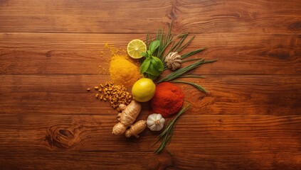 Flat lay of herbs and spices such as turmeric, ginger, lime, lemon, and garlic on wooden surface, culinary preparation focus