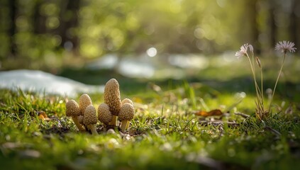 Fototapeta premium Early spring macro of verpa bohemica mushrooms thriving in a sunlit forest, outdoor activity in natural surroundings, World Mycology Day