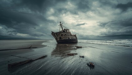 Tsunami wreckage debris on shoreline highlighting coastal erosion and disaster aftermath