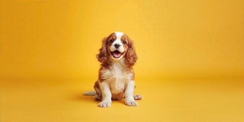 Groomed fluffy dog sitting alone on bright yellow background, suitable for pet grooming service promotion
