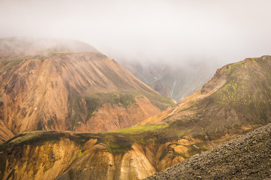 View of the striking, colorful rhyolite mountains cascade under a veil of ethereal mist, their slopes painted with hues of gold, green, and brown, Landmannalaugar, Central Highland, Iceland.