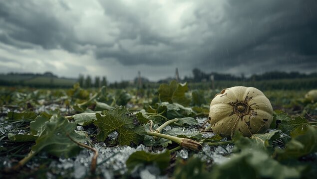 Storm-driven hail strikes farmland, causing crop destruction, weather challenges, agricultural losses, climate resilience