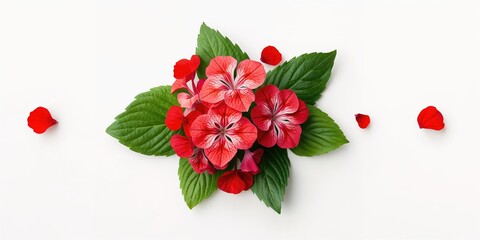 Pelargonium plants with flowers and foliage displayed flat for botanical study, summer garden theme