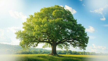 Fototapeta premium Springtime scene featuring a tall oak with vibrant leaves under clear sunlight, suitable for landscape or outdoor design