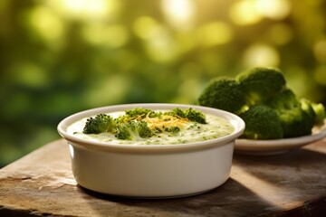 Healthy green vegetable soup with cheese topping on a rustic wooden surface
