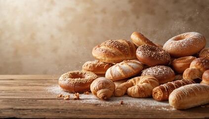 Assorted bakery products including bagels, donuts, and puff pastry arranged on a neutral background, suitable for menu layout