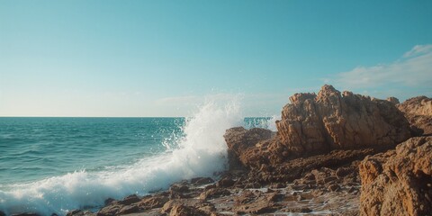 Obraz premium Rocky seascape with crashing waves, natural shoreline dynamics and erosion factors
