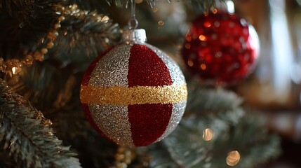 Close-up of a festive, glittering ornament hanging on a Christmas tree, with blurred bokeh background