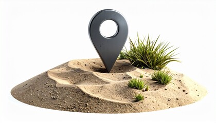 Metallic location marker with circular hole placed in textured sand mound, stylized and symbolic.