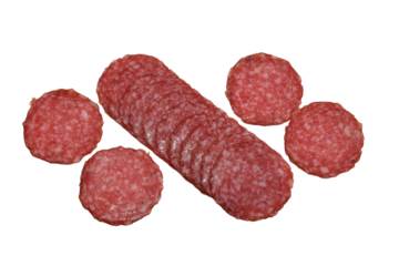 Raw smoked sausage cut into circles isolated on PNG background.