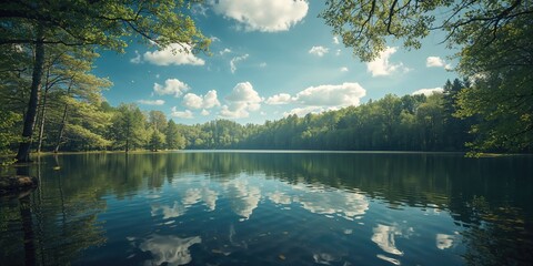 Quiet lake surrounded by lush woodland in spring, ideal for environmental awareness and conservation efforts