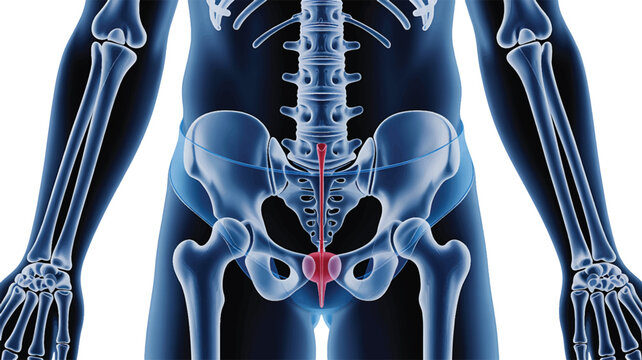 Detailed medical illustration showcasing the human pelvis and coccyx within the skeletal structure, highlighted for anatomical study of the tailbone region and its significance in health