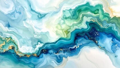 Abstract fluid art painting with swirling blue, green, white, and gold patterns resembling ocean or marble textures.