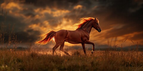 A vibrant red horse in motion during sunset, highlighting dynamic animal activity in a rural setting, World Animal Day
