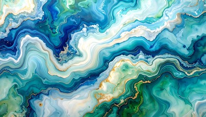 Abstract fluid art painting with swirling blue, green, white, and gold patterns resembling ocean or marble textures.