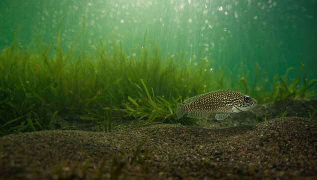 Close-up of a freshwater fish, underwater perspective focusing on texture and pattern, aquatic life preservation