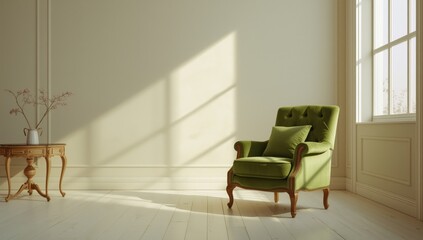 Green velvet armchair positioned in a cozy living room setting, emphasizing texture and design appeal