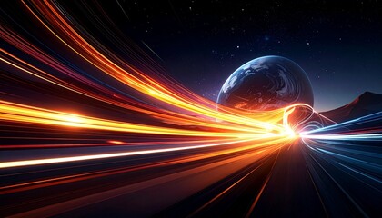 Long-exposure night photo of curved highway with vibrant multicolored light trails against dark background.