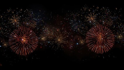 Bright, flashing fireworks illuminate the night sky during a holiday festival, black background with colorful bursts
