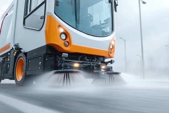 Street sweeper cleaning road front view