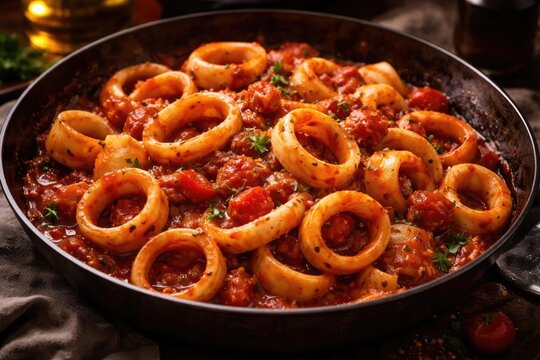 Rustic Italian calamarata pasta with calamari and flavorful tomato sauce
