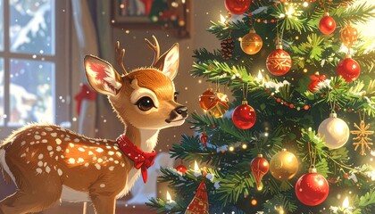 Festive indoor scene with decorated Christmas tree and young deer beside it, warm daylight through window.