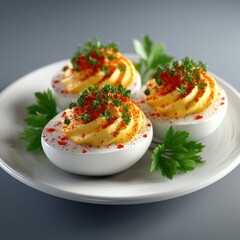 Deviled eggs with paprika and parsley on a plate