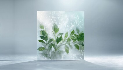 Frosted glass panel featuring green leaves in the background, intended for UI or editorial use