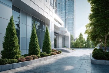 Modern architecture building exterior with trees and plants
