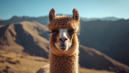 Obraz premium Close-up of a llama with heterochromatic eyes, highlighting distinctive facial features for wildlife documentation