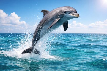 Fototapeta premium Lively bottlenose dolphin pet engaging in a joyful leap with water splash