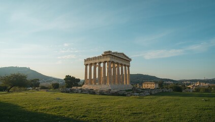 Fototapeta premium Panoramic shot of the Temple of Hephaestus, showcasing its ancient Doric architecture, preservation of historic landmarks