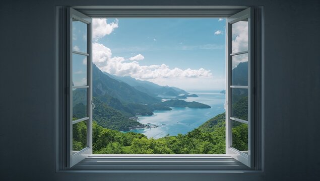 A window with a view of a resort environment, used as a calming layout backdrop for hospitality settings