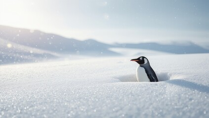 Gentoo penguin emerging from snow hole following overnight accumulation, highlighting wildlife adaptation, World Penguin Day