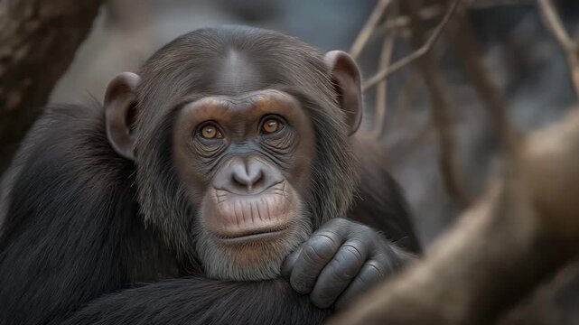 Chimpanzee's Portrait Close-up of a chimpanzee gazing intently, capturing its expressive eyes and thoughtful demeanor, set within a natural, earthy setting.